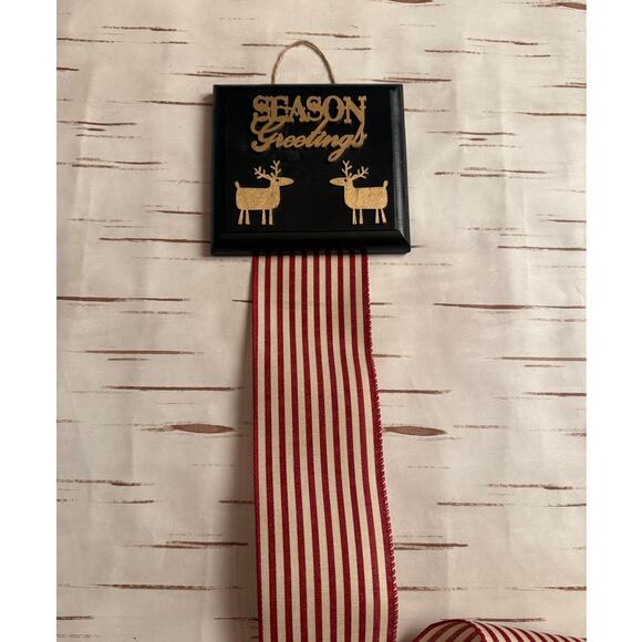 Season Greetings Card Holder Black Gold Script Topper Red Striped Wide Ribbon - Picture 5 of 5